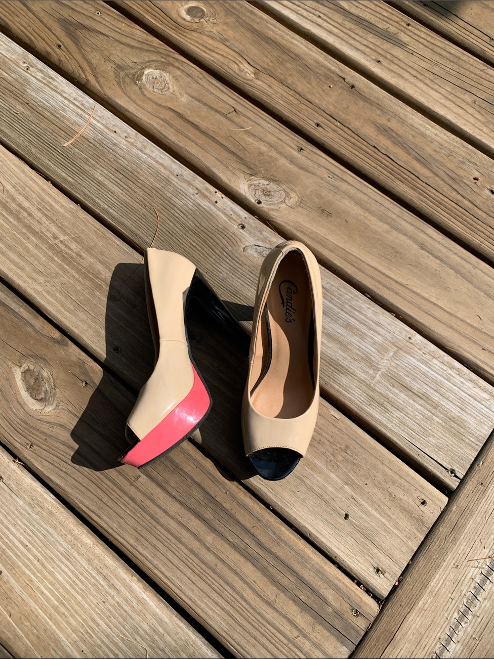 Candie's Beige Peep-Toe Platform Heels with Pink Accent and Black Heel